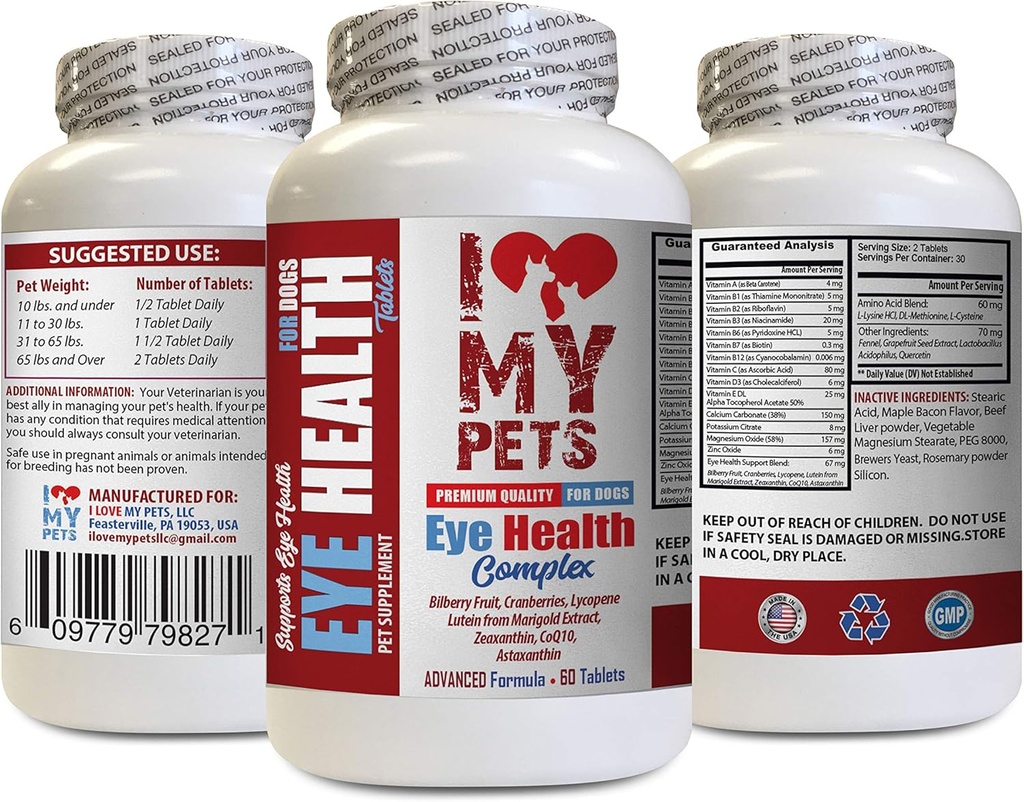 I LOVE MY PETS LLC Hundeaugen-Ergänzung - Dog Eye Health Complex - Premium Formula - Vet empfohlen - Hund Lutein - 1 Flasche (60 Bäume)