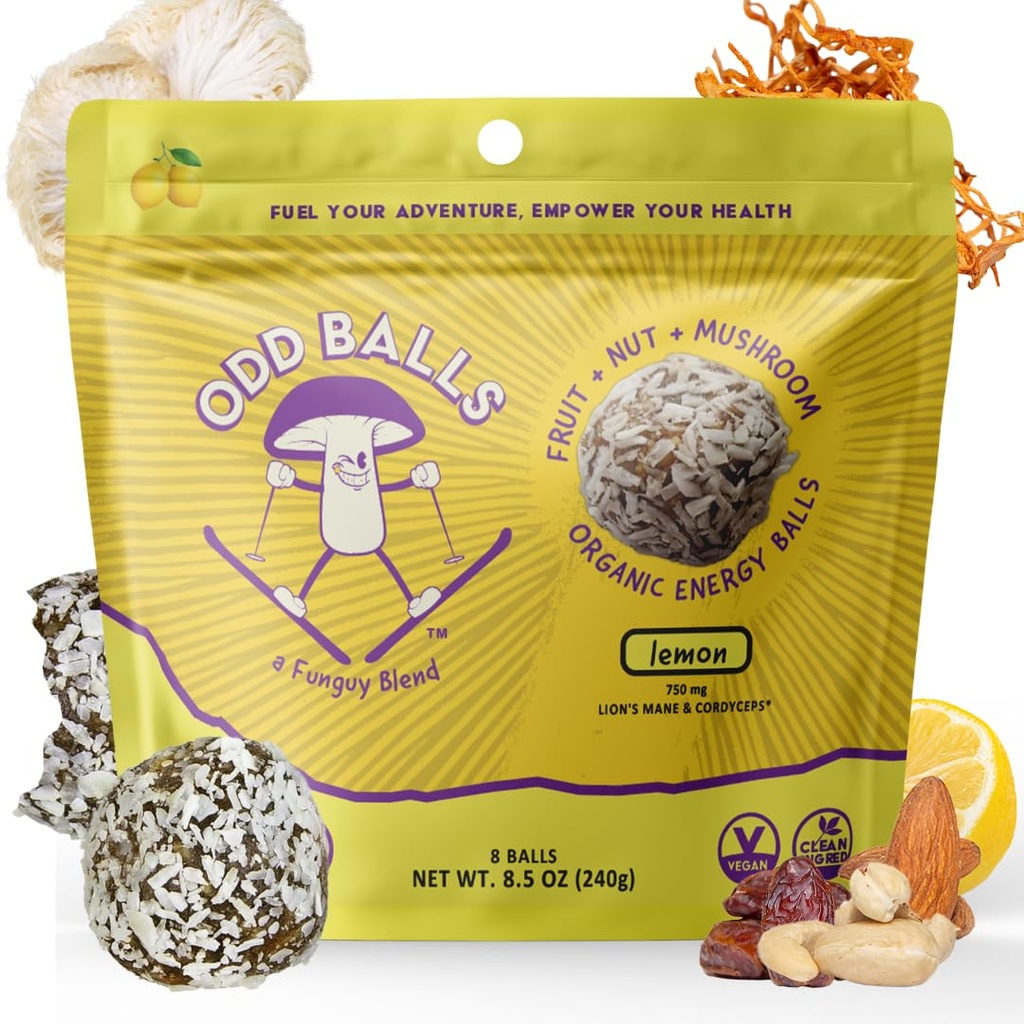 ODD BALLS Organic Energy Balls Lemon – Mushroom Snack with Lion's Mane & Cordyceps - 750mg per serving for Daily Focus & Energy - Vegan & Gluten Free - 8.5 oz