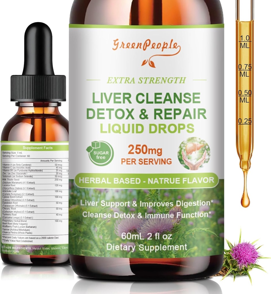 GREENPEOPLE Liver Cleanse Detox & Repair Drops - Liver Supplement w/Milk Thistle Silymarin, Artichoke & Dandelion für Liver Detox & Support- 16x Potent Kräuter-Nutrients - 2Fl Oz natürliche Aromen