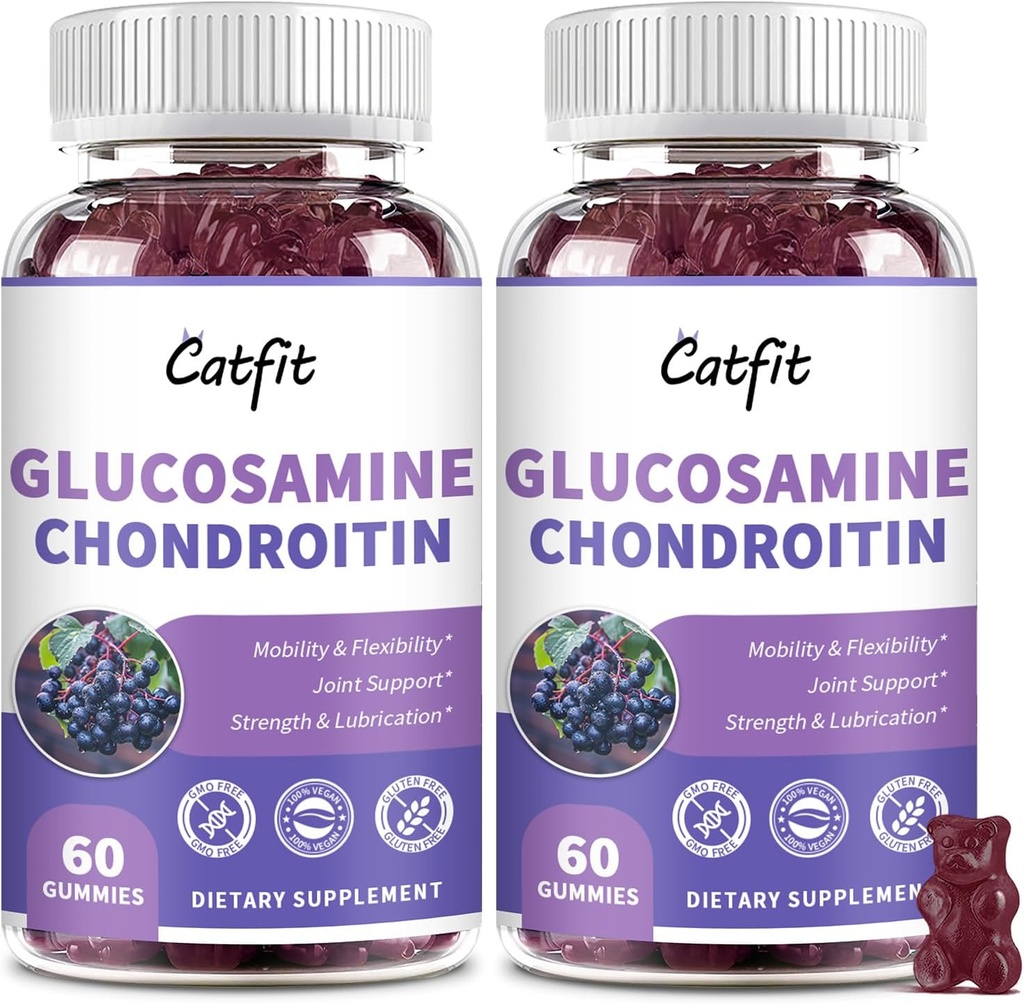 Catfit Glucosamine Chondroitin Gumies, Extra Strength Joint Health Support Supplement with MSM & Elderberry, Antioxidáns Immun Support Supplement for Unced Women & Women (2 Pack)