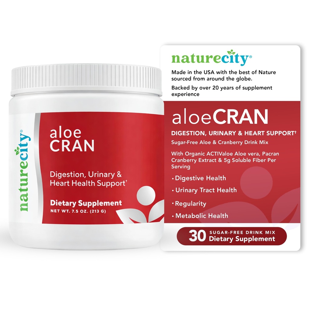 NatureCity AloeCran - Pure Aloe Vera Blend mit Cranberry Pulver Supplement - Sugar Free Fiber Combo Mix for Digestive and Urinary Health - Gut & Metabolic Health Support - 30 Tage der Versorgung