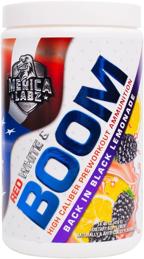 'Merica Labz Red, White, and Boom, High Caliber Pre Workout with VasoDrive- AP ®, 350mg koffein, Max Energy, Pump and Focus, Fokozott véráramlás és izomerő, 20 Servings (Vissza Fekete Lemonade)