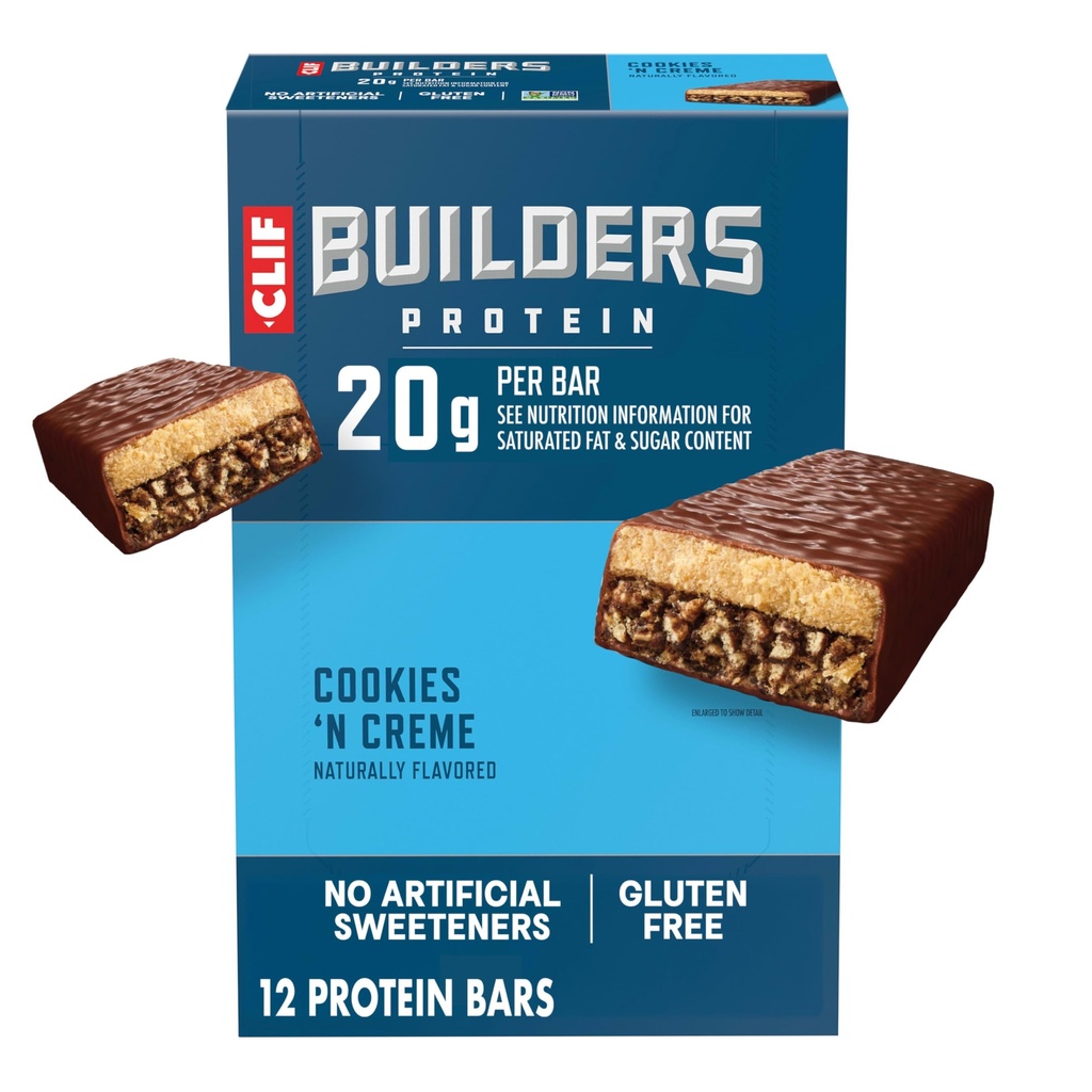 CLIF BUILDERS Protein Bars - Cookie 'n Cream Flavor - 20g Plant Based Protein - Gluten Free - Non-GMO - Alacsony glikémiás - Nincs mesterséges édesítő - 2.4 oz. (12 csomag)