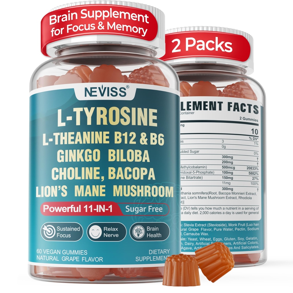 11-IN-1 Brain Ergänzung für Gedächtnis und Fokus mit L-Tyrosin L-Theanin, methyliert B12 & B6, Lion's Mane Mushroom, Ginkgo Biloba, Bacopa Monnieri, Choline für Fokus, Nootropic, Energy, 2Packs