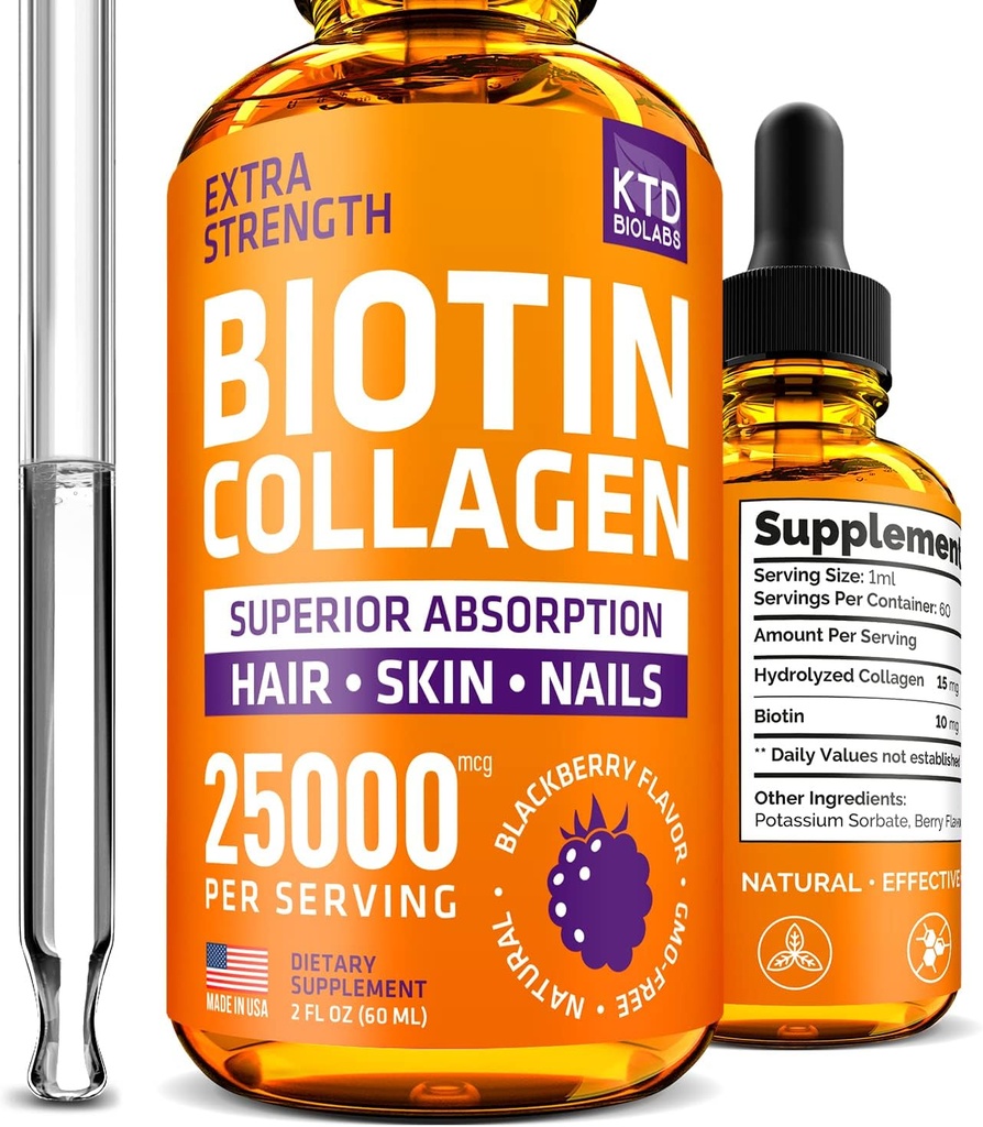 Flüssige Collagen und Biotin Tropfen für Haarwachstum 25.000 mcg - Made in USA Collagen & Biotin Vitamine für Haarhaut und Nägel - Hydrolysierte Collagen und Biotin Ergänzung für Frauen und Männer