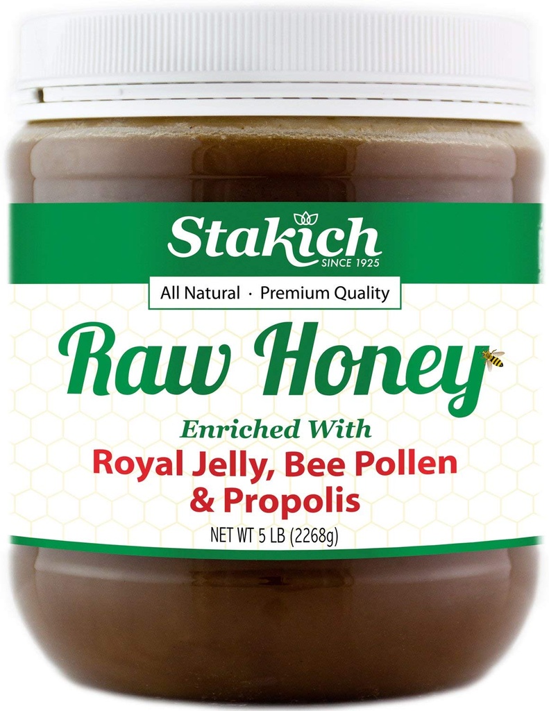 Stakich Royal Jelly, Bee Pollen, Propolis Enriched Raw Honey - Pure, Unprocessed, Unweated - 5 font (80 Ounce)