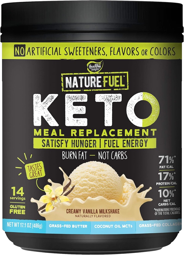 Nature Fuel Keto Meal Ersatzpulver - Glutenfrei mit Kokosnussöl MCTs und Grass-Fed Butter - Creamy Vanilla Milkshake - 14 Servierungen - Pantry Friendly, 17.1 Fl Oz