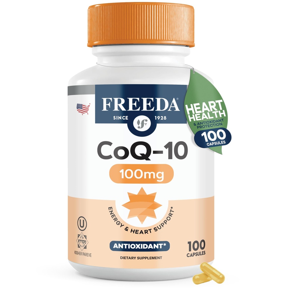 FREEDA CoQ10 100mg - Kosher Coenzym Q10 Nahrungsergänzung für Herz-Kreislauf-Gesundheit, Blutdruck-Unterstützung, Mund-Gummi-Gesundheit und gesundes Altern - Pure CoQ10 Kapseln, 100 Zähler