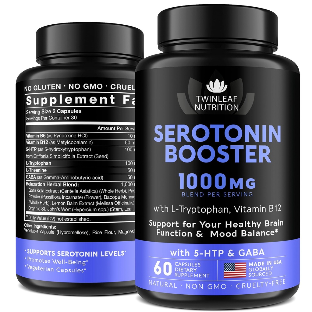 Natural Serotonin Supplement - Made in USA 5HTP Serotonin & Cortisol Manager - Serotonin Booster Vitamin Supplement für Frauen mit 5-HTP, Vitamin B6, B12, GABA, L Theanine, L Tryptophan - 60 Kapseln