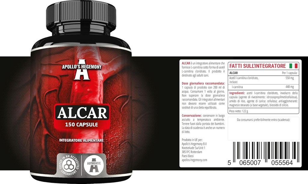 APOLLO'S HEGEMONY Acetyl L-Carnitin HCL 550 mg, ALCAR 150 Vegan Kapseln, 5 Monate Versorgung, hochfeste Aminosäureergänzung, unterstützt kognitive Funktionen und Energie Levels