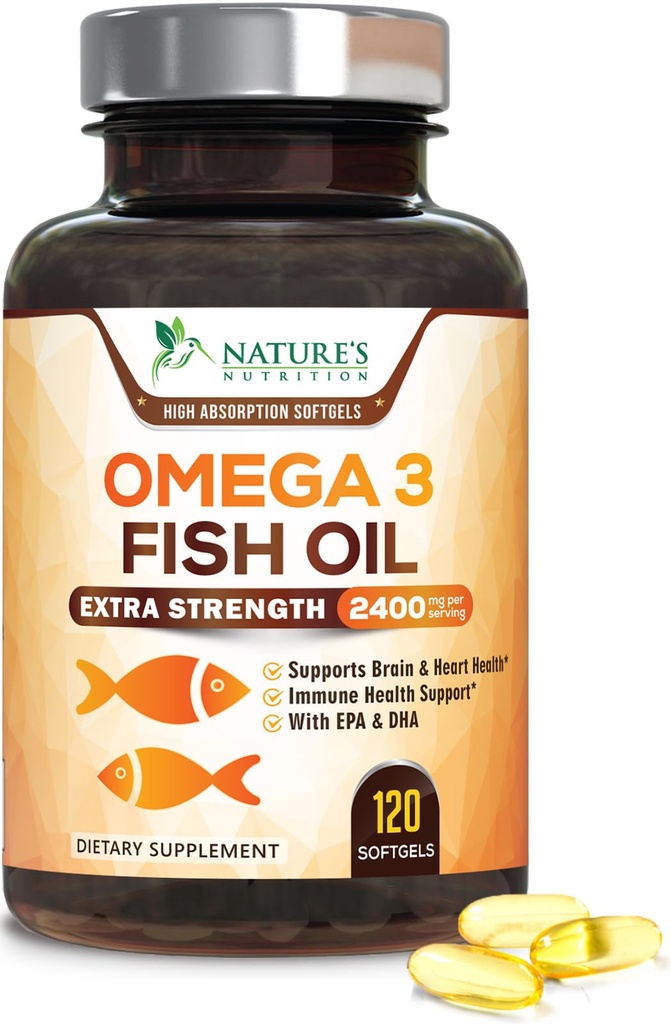 Omega 3 Fischöl 2400 mg – Triple Strength EPA & DHA Fettsäuren für Herz, Gehirn & Gelenkunterstützung – Wild-Caught, Burpless, Zitronen-Flaschen-Ergänzung – Natural, Non-GMO, Gluten-Free – 120 Softgels