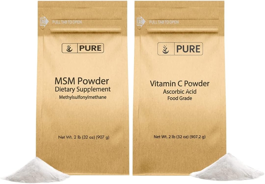 PURE EREDETI ÖSSZETEVŐK C-vitamin Por és metil-szulfonilmetán MSM Power Bundle, (2 lb) Mindig tiszta, étrend-kiegészítők