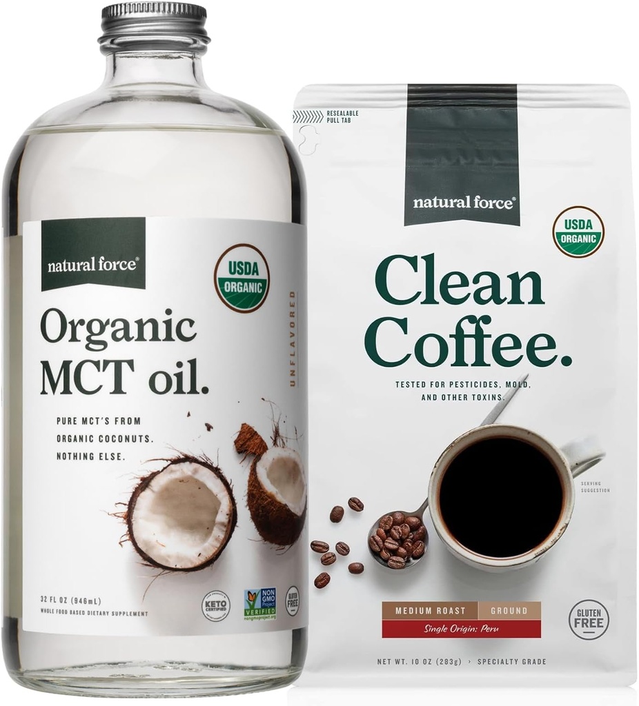 Natural Force Organic Ground Clean Coffee + Organic MCT Oil Bundle - 100% Tiszta Kókuszdió MCTs & Mold & Mycotoxin Free Coffee - Non-GMO, Keto, Paleo és Vegan - 10 Oz Bag és 32 Oz üveg