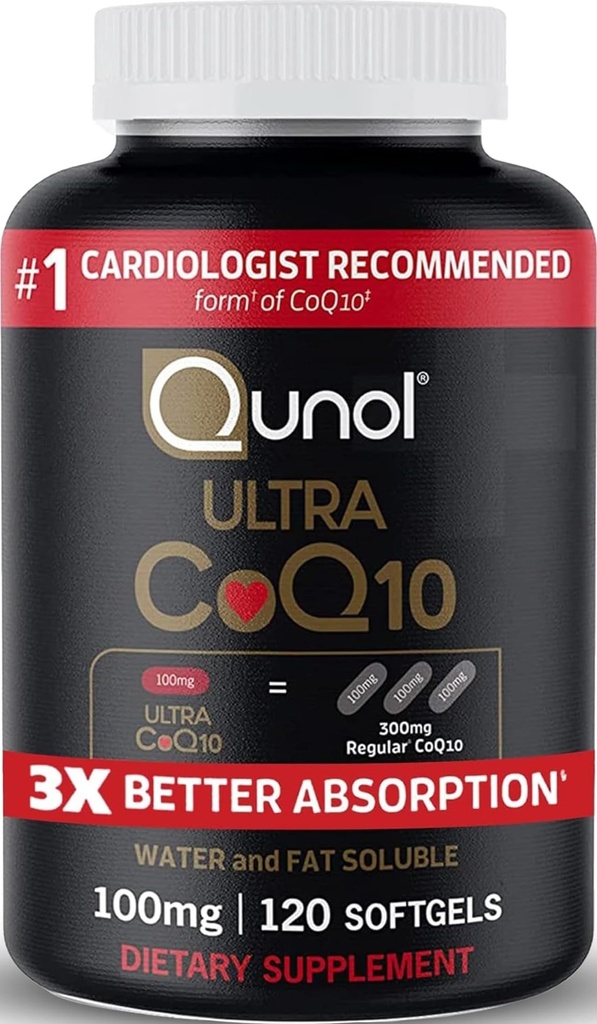 Qunol Ultra CoQ10 100mg, 3x Bessere Absorption, patentiertes Wasser und Fett lösliche natürliche Ergänzung Form von Coenzym Q10, Antioxidans für Herzgesundheit, 120 Count Softgels