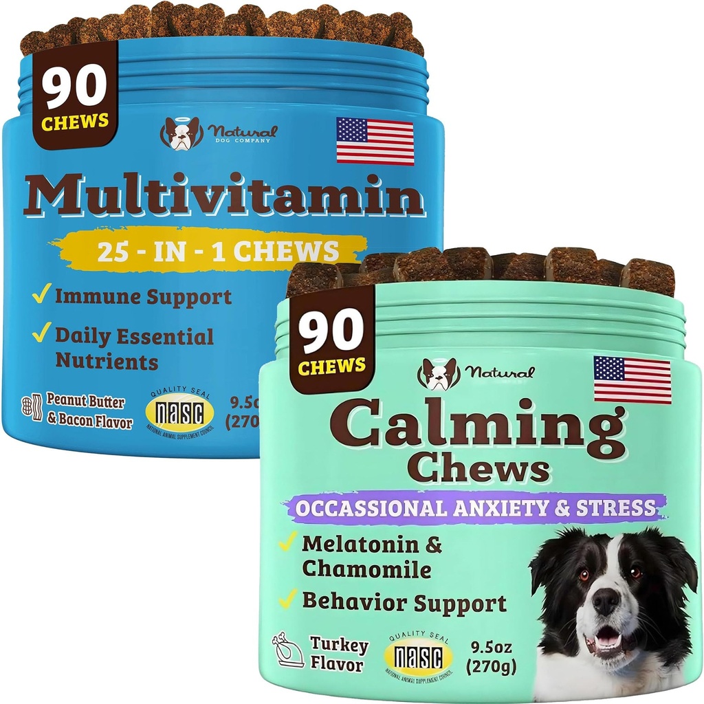 Natural Dog Company Multivitamin und Calming Supplement Bundle, Tägliche Nährstoffe und Angst Relief für Hunde, Unterstützung Gelenke Gesundheit, Haut und Mantel, reduzieren Stress von Lärm & Reisen, essentielle Vitamine