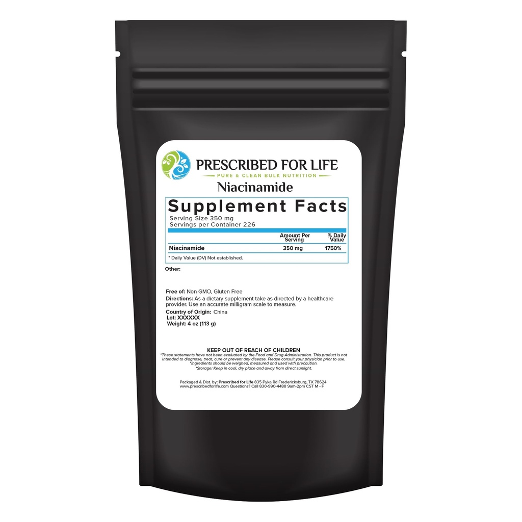 Verschrieben für Leben Niacinamid Pulver (B-C), Feine körnige USP-Grad Vitamin B3 Pulver, Natürliche Nicotinamid-Ergänzung, Glutenfrei, Non GMO, Vegan, Niacinamida Pura (4oz / 113g)