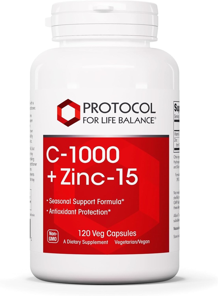 PROTOKOLL FÜR LIFE BALANCE C-1000 + Zink-15 - Vitamin C & Zink Bisglycinat - Immununterstützungsergänzung - Antioxidantien Supplement - mit Ascorbinsäure - 120 Veg Kapseln