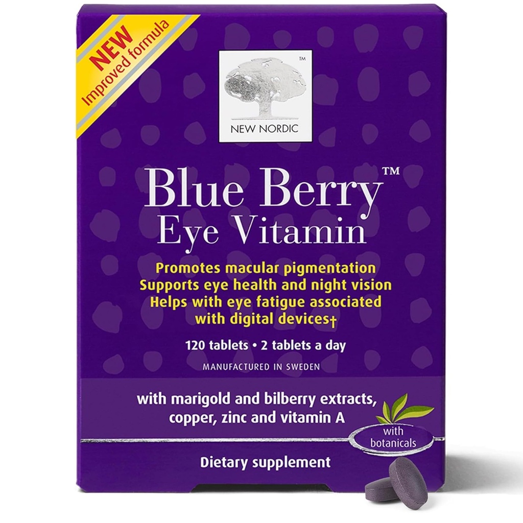 NEU NORDIC Blue Berry Eye Vitamin Lutein Supplement mit Zink, unterstützt Makulapigmentierung, Augen- und Sehfunktion, 120 Tabletten (Paket von 1)