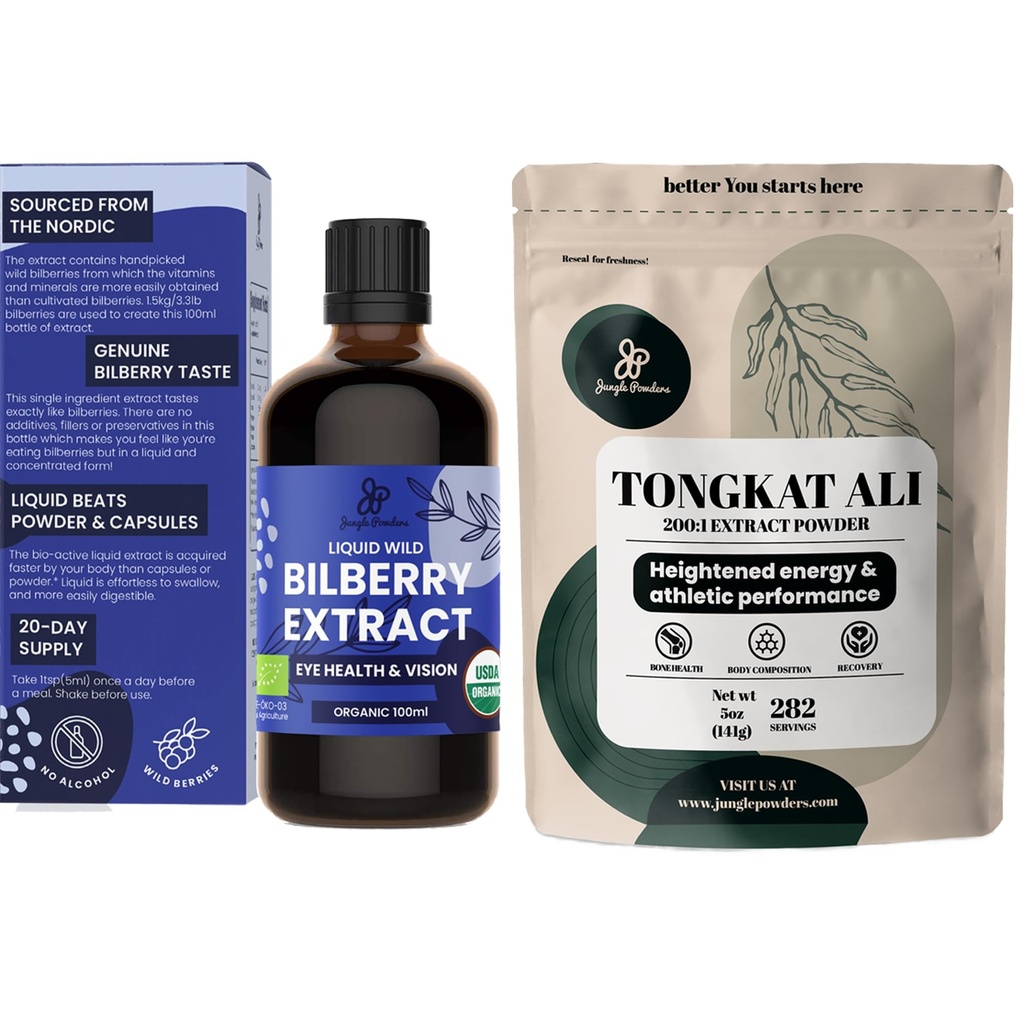 Dschungel-Pulver Tongkat Ali für Männer Pulver 200:1 Extrakt 5 Unze-Tasche, Wilde Bilberry-Extrakt für Augen Organisch 3.4oz Flasche Bilberry Ergänzung für Augen