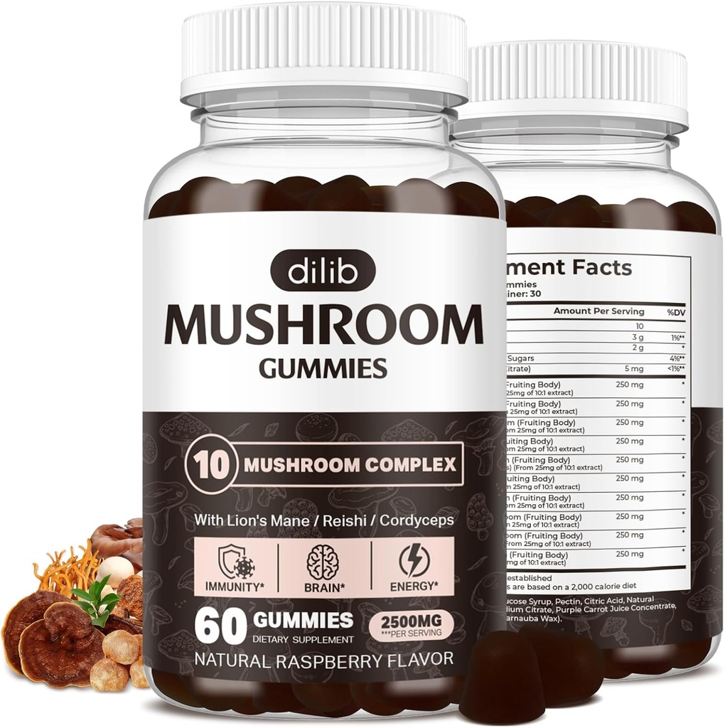 Mushroom Gummies 10 Blend Pilze Complex 2500mg mit Lions Mane, Cordyceps, Turkey Tail, Chaga, Reishi Supplement-Focus, Clarity, Memory, Energy, Immune Support-60 Gummis