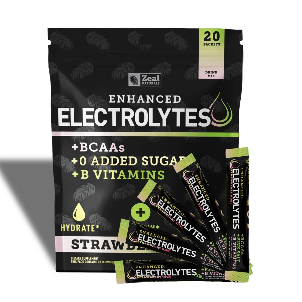 Fokozott elektrolit por stick csomagok (Strawberry Kiwi) w / 0 Sugar + BCAA + B- Vitamins Electrolyte Supplement w Kálium Cink & Magnézium Hydration - Keto Electrolytes