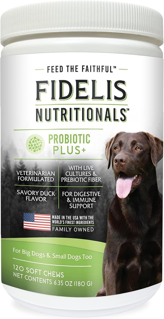 FIDELIS Probiotic Plus+ Pet Probiotics for Dogs, Digestive Gut Health, Yeast, Itchy Skin/Ears, Paw Licking, Safe Dog Treat Supplement für Haustiere, Erwachsene, Big & Small, Made in USA, Duck Flavor, 120 Chews