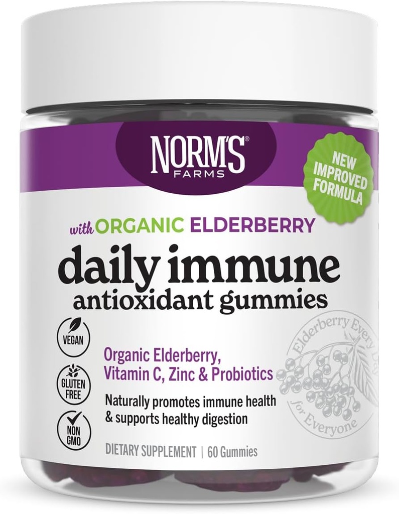 Norm's Farms Organic Elderberry Gummies - Tägliche Immununterstützung für Erwachsene & Kinder mit Zink, DE111 Probiotic, Vitamin C - Made in USA, 3rd Party Tested - Vegan, Gluten-Free, Kosher, Non-GMO, 60 Gummies