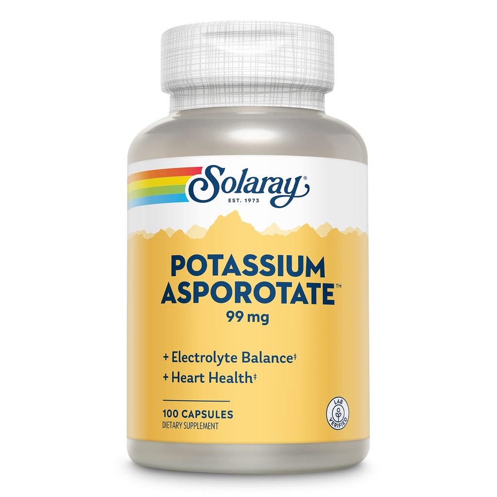 Solaray Kálium-aszporotát kelát- kiegészítés, Elektrolit Balance & Heart Health Support, 100 Servings, 100 kapszula