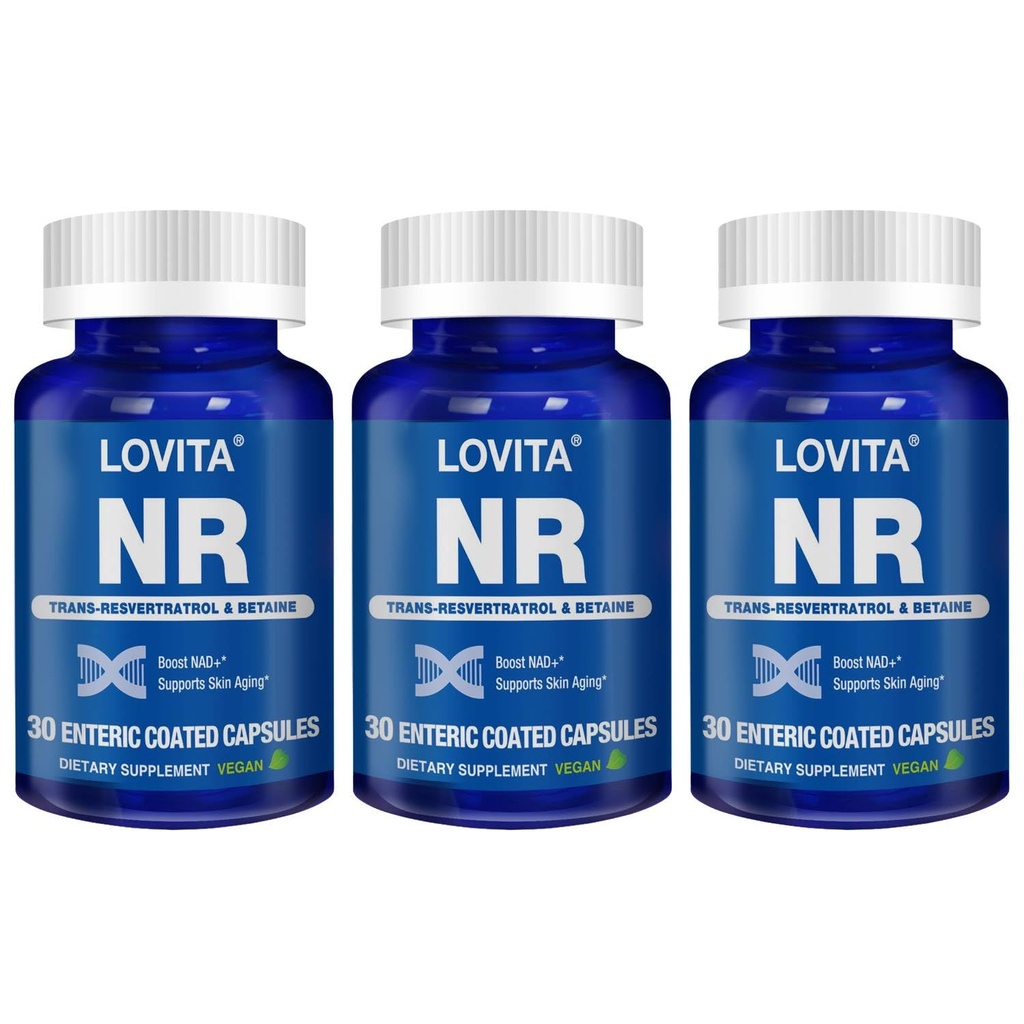 Lovita NR (Nicotinamid Riboside) 350 mg, NAD Ergänzung mit Trans-Resveratrol und Betaine, fördern NAD Plus Levels, Gesundes Altern, 30 Vegan Enteric-Coated Capsules (Pack von 3)