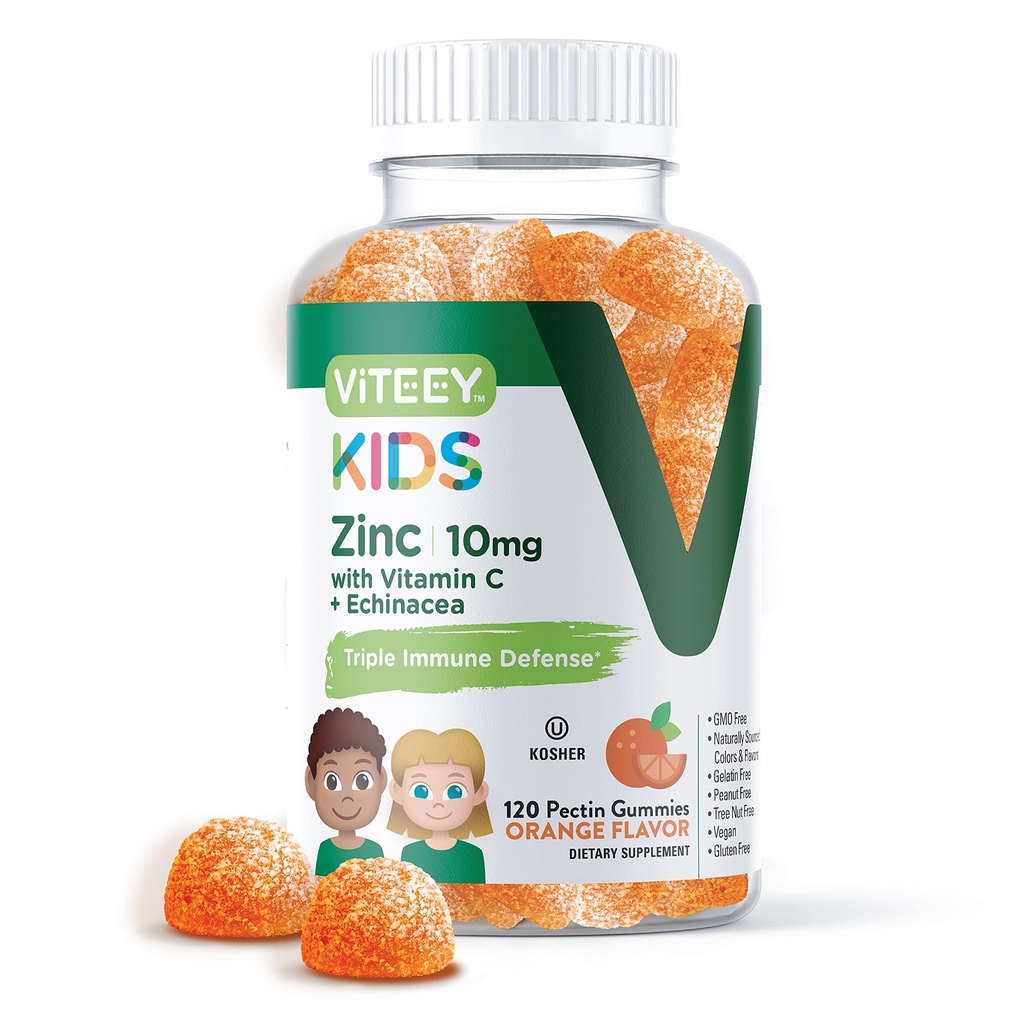 Viteey Zink für Kinder Gummi 10mg, mit Vitamin C & Echinacea - Immununterstützung, Leistungsstarkes natürliches Antioxidans, Kinder Zink Vitamin Supplement - Vegan, Gelatin kostenlos - Tasty Chewable Orange Flavor Gummy