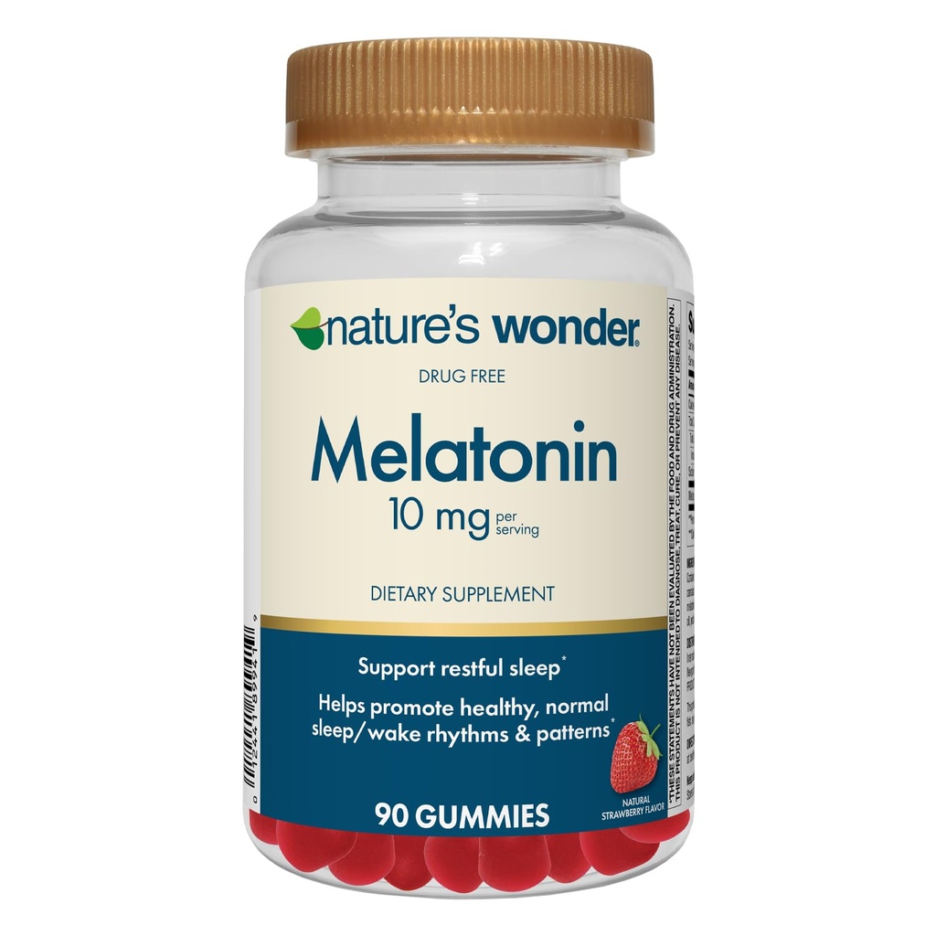 Nature's Wonder Drug-Free Melatonin 10 mg Gummis für Erwachsene Schlaf Gesundheit, 100% Drogenfreie Schlafhilfe, Förderung gesunden Schlaf und Wake Rhythm und Muster, 45 Tage Versorgung, 90 Zähler