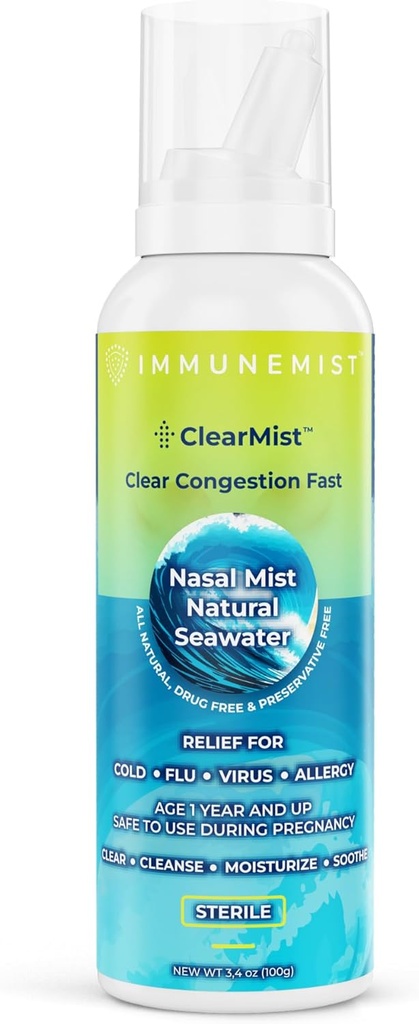 ClearMist Natural Seawater Nasal Spray für Stauhilfe, Hypertonische Saline Nasenspray für trockene Nase, Feuchtigkeitsspendende Sinus Dekongestant Relief für Erwachsene und Kinder Made in Sweden, Safe for Ages 1+