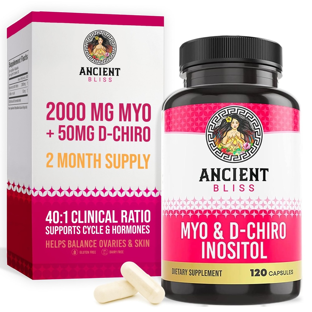 Antike Bliss Myo & D-Chiro Inositol Ergänzung, 40 bis 1 Ratio, Hilft in Ovarian Funktion Unterstützung für Frauen, Vitamin B8 Hilft, Menstruationszyklus zu regulieren, 2050mg pro Servierung, 120 Vegan Kapseln