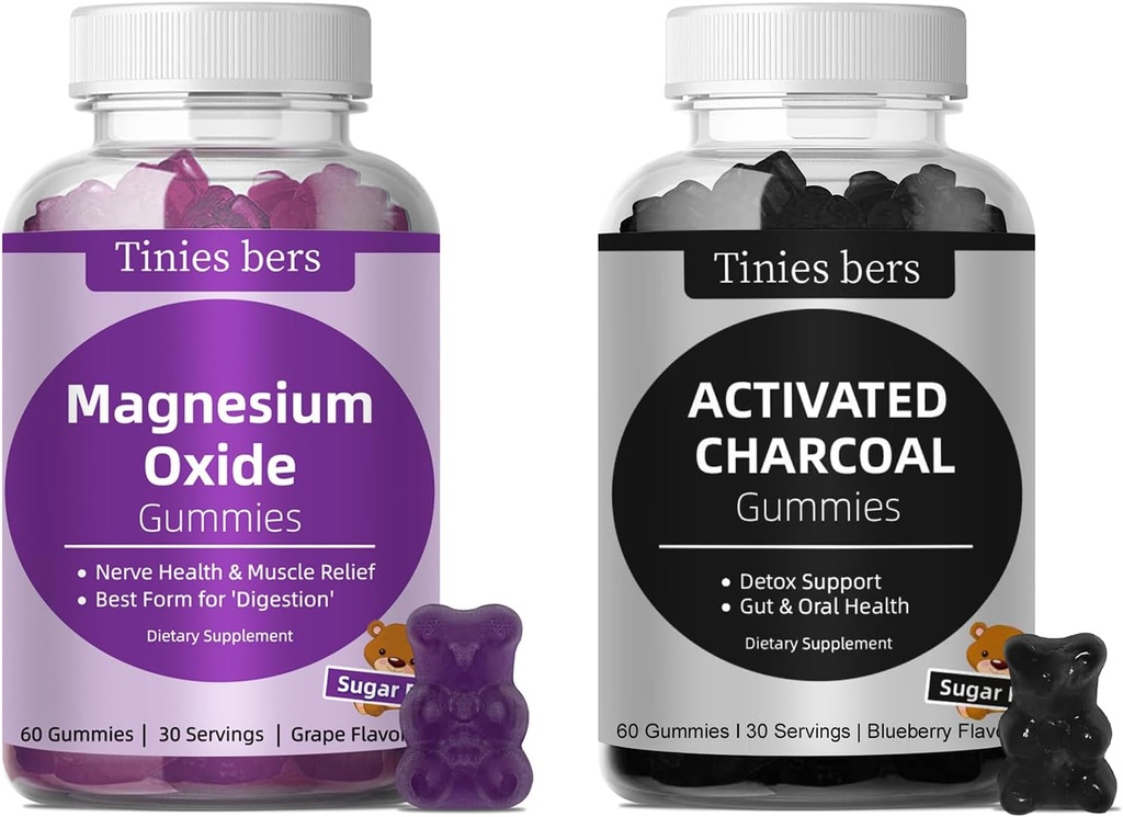 Activated Charcoal Gummies 400mg, Magnesium Oxide Gummies 500mg Sugar Free for Adults & Kids, Quicker to Cleanse, Detox, Gas Relief, Gut & Oral Health, Best Mg Form for ‘Digestion’