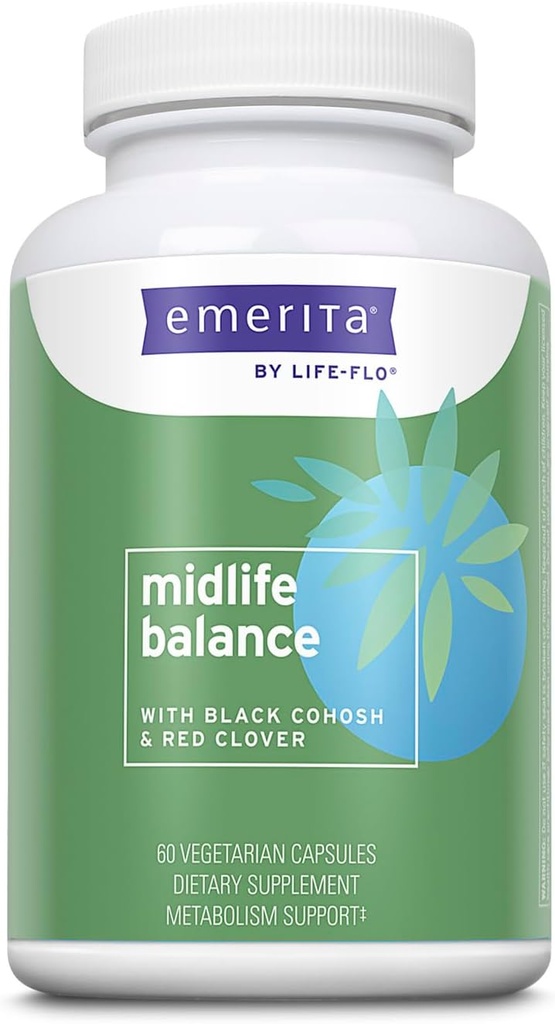 Emerita by Life-flo Midlife Balance, Menopause Ergänzungen für Frauen, Gesunde Balance Unterstützung mit Black Cohosh und Red Clover, 60-Day Garantie, Nicht getestet auf Tiere, 30 Servietten, 60 VegCaps
