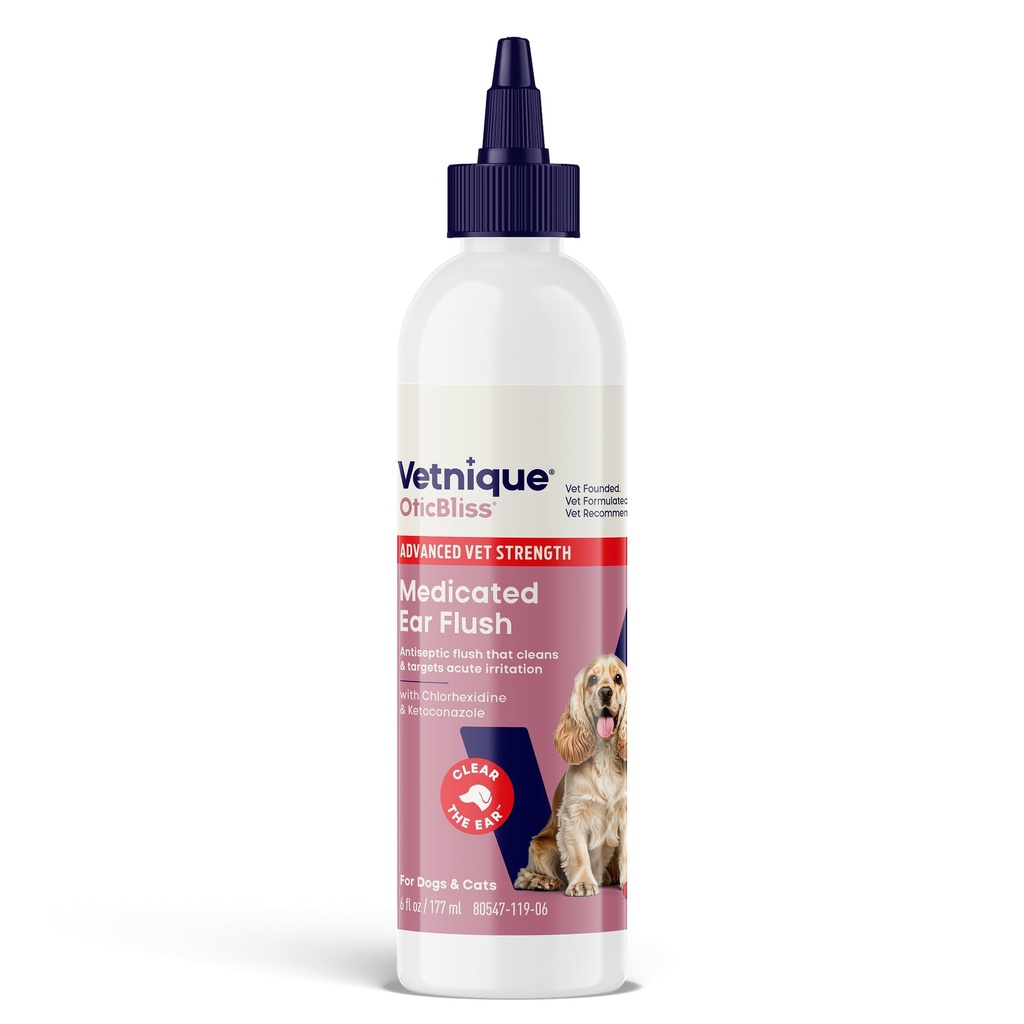 Vetnique Oticbliss Advanced Strength Medicated Dog Ear Infekciós Kezelés, Antiszeptikus Fültisztító macska & Kutya Fültisztító Oldatos Klórhexidin & Ketokonazol (6oz Flush)