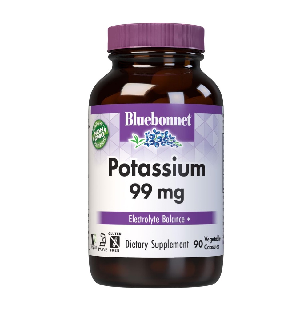Bluebonnet Potassium Supplement Aspartate 99mg Essential Mineral Supplements für Elektrolyt Balance - Non-GMO, Vegan, Kosher Certified, Gluten-Free, Soy-Free, Dairy-Free - 90 Veggie Kapseln