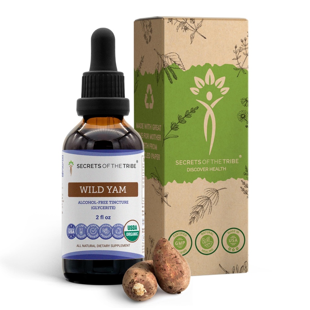 Secrets of the Tribe Wild Yam Alcohol-Free USDA Organic Tincture (Glycerite) 695 mg Responsible Farmed Wild Yam (Dioscorea Villosa) Getrocknete Wurzel (2 Fl Oz) Hormon Support Supplement