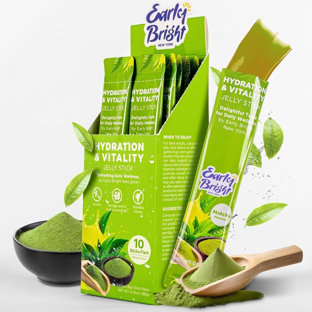 Jelly Sticks - Matcha- Flavoored for Better Morning Után Ivás, Máj támogatás & Vitality Taurine & DHM, Feel Refreshed and Energized, 18gX10ea