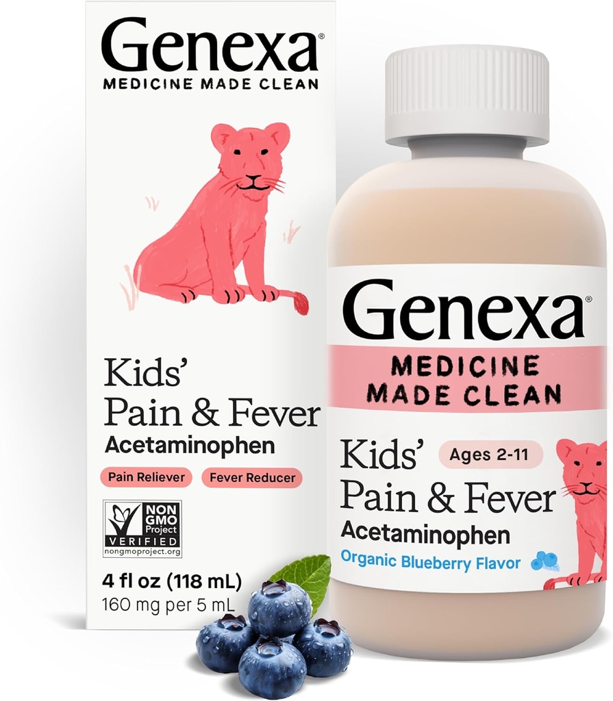 Genexa Kinder Acetaminophen Schmerz & Fever Oral Suspension Medizin - 4oz - Für Kinder 2 - 11 Jahre alt, vorübergehend lindert Schmerzen und Fieber Symptome, 160 mg pro 5 mL- Bio Blueberry Flavor