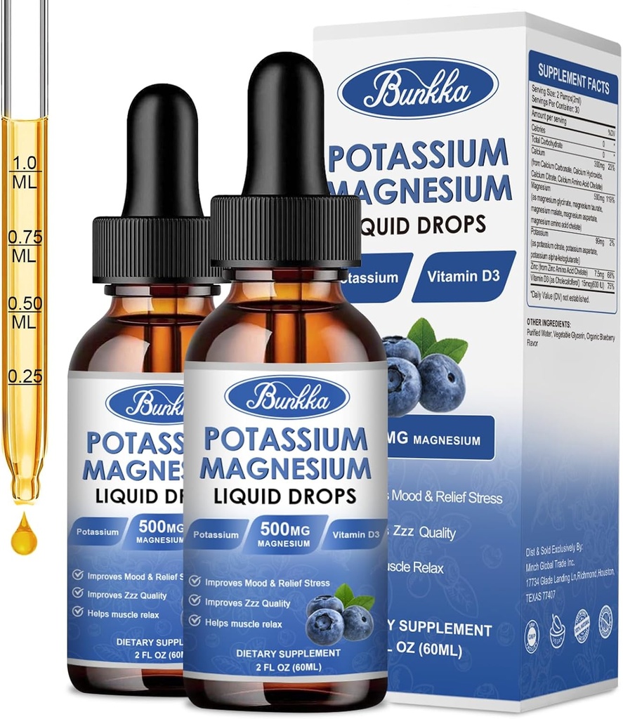 (2 csomag) Kálium-magnézium-kiegészítő folyadék Káliummal, Magnéziummal, Kalciummal, D3-vitaminnal, cinkkel, felnőtteknek és gyerekeknek, cukormentes