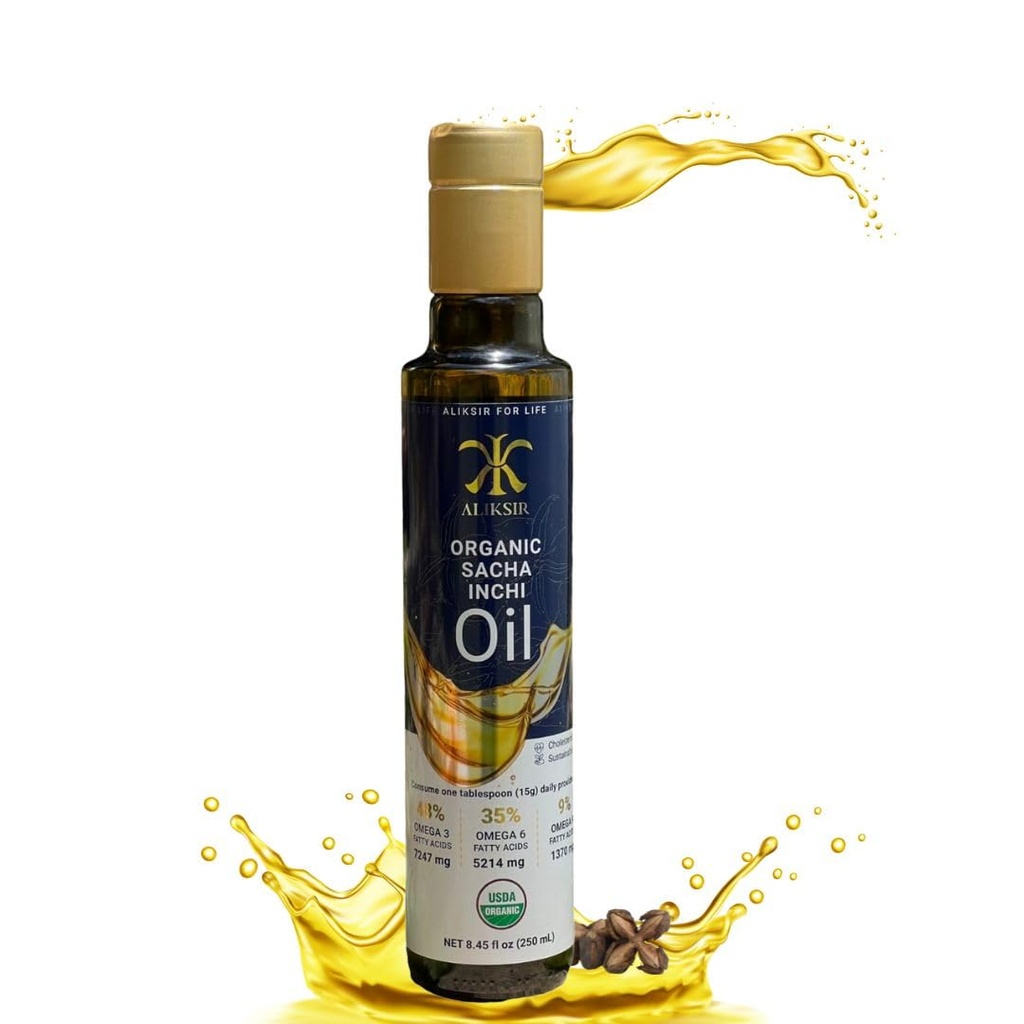 Organic Sacha Inchi Oil, Amazonian seed - Extra Virgin, 100% Természetes, Magas Omega 3 (7247 mg), Omega 6 (5214 mg), Omega 9 (1370 mg), Cold Pressed with E-vitamin - antidioxidánsok, amelyek segítenek a haj, körmök és bőr.