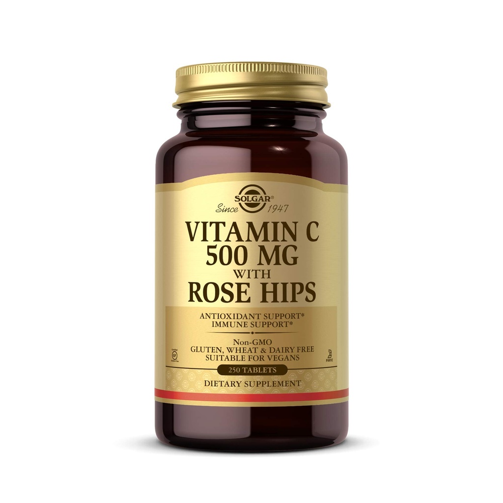 Solgar Vitamin C 500 mg mit Rose Hips, 250 Tabletten - Antioxidant & Immununterstützung - Gesamtgesundheit - Unterstützt gesunde Haut & Gelenke - Non GMO, Vegan, Glutenfrei, Dairy Free, Kosher - 250 Servierungen