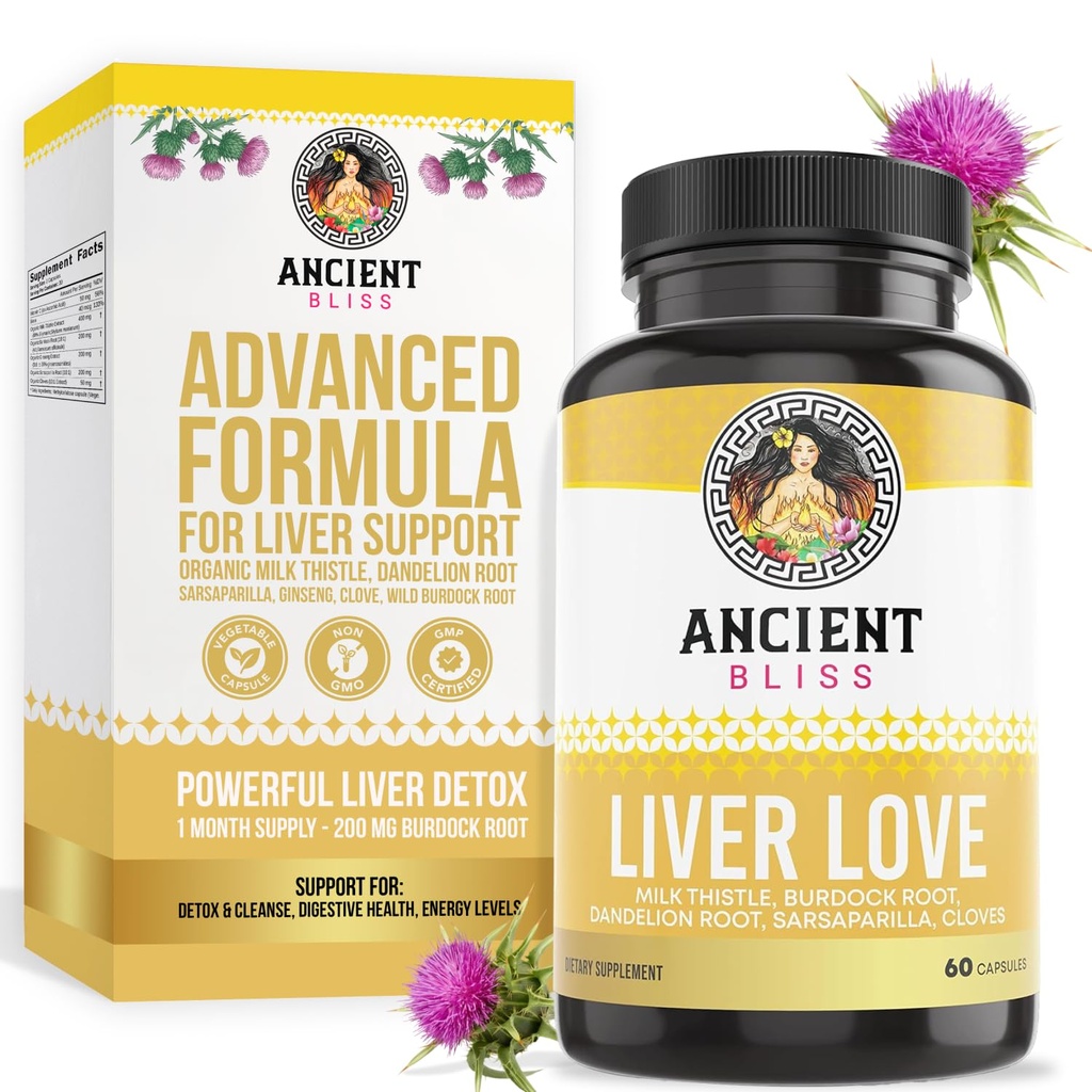 Antike Bliss Liver Love - Natürliche Milch Thistle Liver Detox und Leber-Gesundheitsreiniger-Ergänzung - Unterstützt gesunde Leber in Männern und Frauen - 60 Kapseln - mit Burdock, Dandelion, Tücher, und mehr