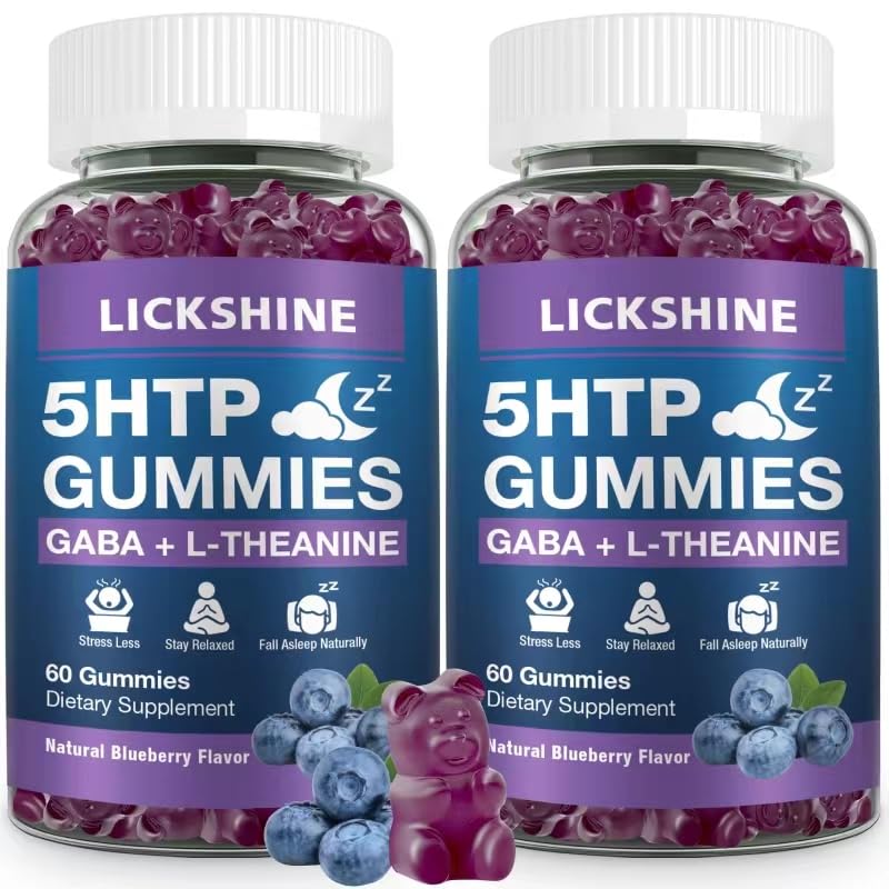 2 Pack 300MG 5- HTP GABA alvó gumikat 200mg L- Theanine kiegészítés agy, hangulatstabilizáló és alvó támogatás, Melatonin- mentes, Omega 3- 6- 9 természetes zzzs, áfonyás flavor