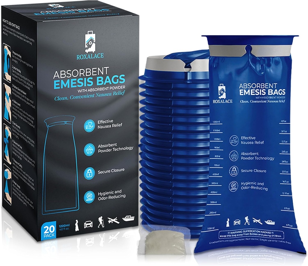 ROXALACE® Emesis Taschen mit saugfähigem Pulver für Übelkeit und vomiting Relief - 20 Pack 1200ml, Travel-Friendly, Hygienische Lösung für Bewegungskrankheit, Frühkrankheit, Pflege und Emergenzen
