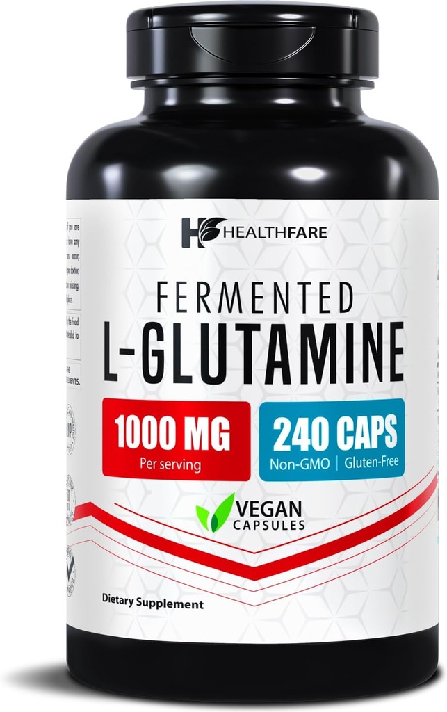 HealthFare L Glutamine 1000mg | 240 Vegan Kapseln | Extra Stärke Aminosäure Ergänzung | Unterstützt Verdauungsbalance, Nährstoffaufnahme & Muskel Erholung | Non-GMO, Glutenfreie | Made in USA