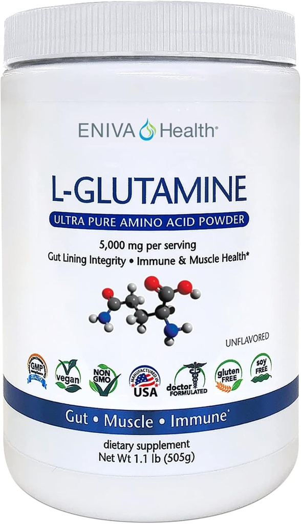 Eniva Health L-Glutamin Pure Powder, Unflavored (101 Servierungen) | Vegan, Glutenfrei, Sugar-Free, Non-GMO | Doctor-Formuliert, USA Made | Gut Health, Leaky Gut, Bloating, Muskelgesundheit, Immunsystem