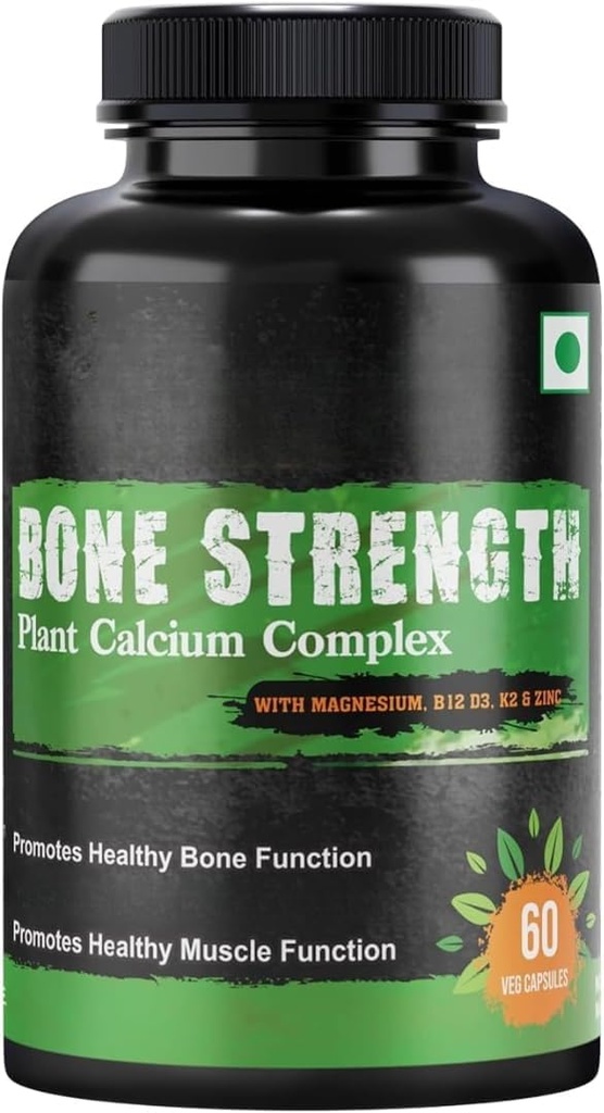 Eleven Zone Knochenstärke - Pflanzenbasiertes Calcium, Magnesium, Zink, Vitamin D3, VIT B12, K2 - GMO, Soja, Glutenfreie Inhaltsstoffe - Ganze Nahrungsergänzung für Knochengesundheit - 60 veganfreundliche Kapseln