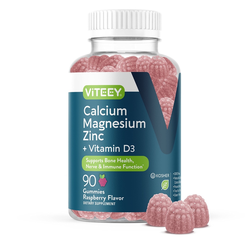 Viteey Calcium Magnesium Zink-Gummien mit Vitamin D3 - unterstützt Knochengesundheit, Nerve & Immunfunktion - Calcium Magnesium Zink D3 für Erwachsene & Jugendliche - GMO Free - Kaubare Himbeer-Flammen-Gummi